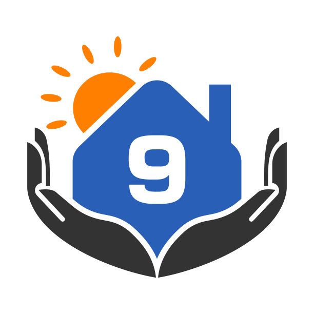 房地产标志上的字母9标志，概念与太阳，房子和手模板。安全家园标志元素矢量图片下载