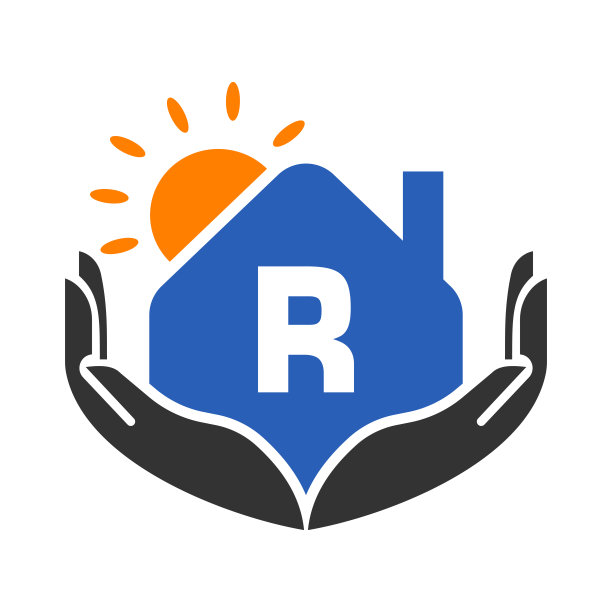 房地产标志上的字母R标志，概念与太阳，房子和手模板。安全家园标志元素矢量图片下载