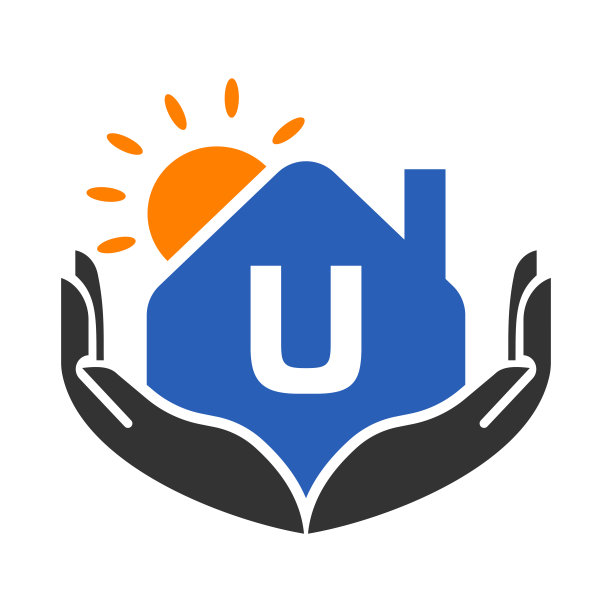 房地产标志上的字母U签名，概念与太阳，房子和手模板。安全家园标志元素矢量图片下载