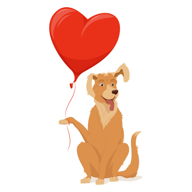 一只金毛寻回犬抬起爪子和耳朵坐着。宠物，红心，气球，情人节。矢量插图，卡通，复杂平面，孤立在白色背景图片下载