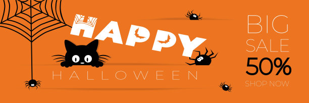 快乐的万圣节销售明信片，横幅，传单在橙色的背景，蜘蛛，网，蝙蝠和黑猫。图片下载