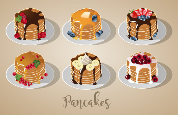 一套四种不同配料的煎饼。甜蜜的插图。图片下载