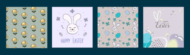 复活节快乐横幅。时髦的复活节设计与版式，手绘笔画和鸡蛋，兔子耳朵，图案在柔和的颜色。图案上有花朵和一只野兔。向量图片下载