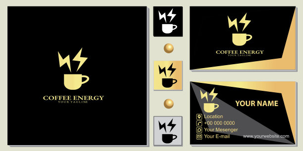 奢华金色能量咖啡店，简单黑色，免费名片模板矢量eps 10图片下载