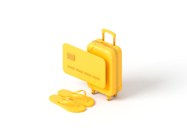 人字拖和黄色公文包与信用卡在白色孤立的背景。银行的隐喻，揭示了国外旅游和购物信贷的概念。三维渲染图片下载