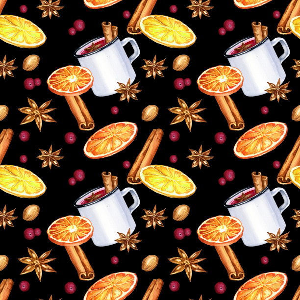 水彩无缝图案与白泥和原料热葡萄酒，手绘草图，在黑色背景上的饮料插图图片下载