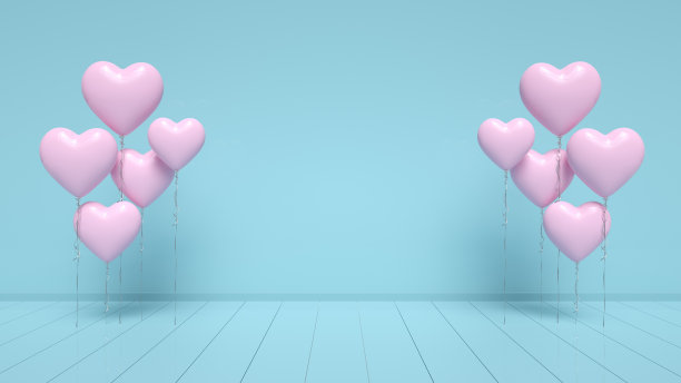 粉彩粉红色的心气球在蓝色的房间- 3D插图图片下载