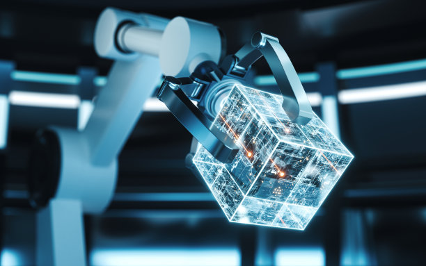 机械手臂和立方体在一个圆形的房间，三维渲染。图片下载