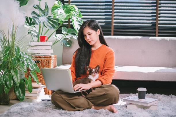 年轻的亚洲妇女使用笔记本电脑工作在家里与可爱的小狗狗在客厅，宠物情人的概念图片下载