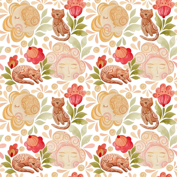 无缝图案，猫，民间花，太阳和月亮。图片下载
