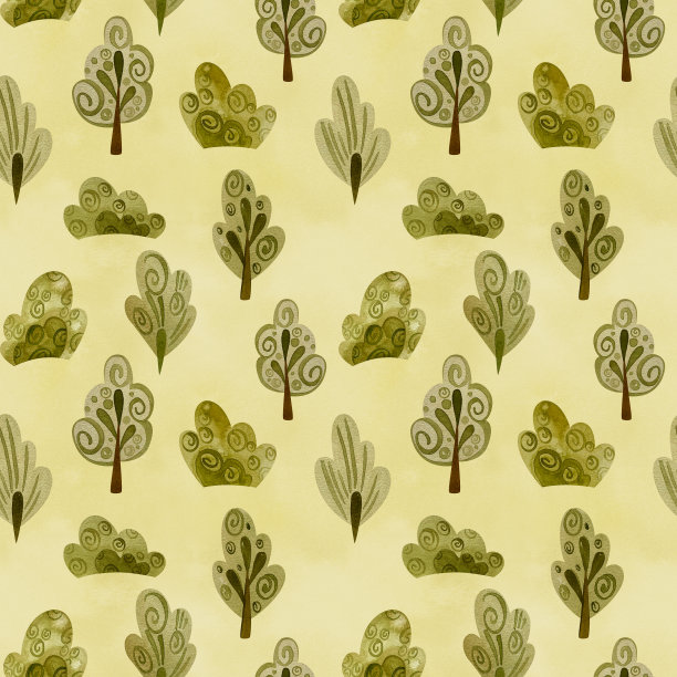 水彩图案的树木和灌木的民间传说风格。图片下载