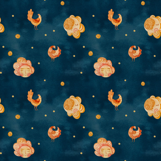 日月鸟水彩图案，以民俗画为主。图片下载