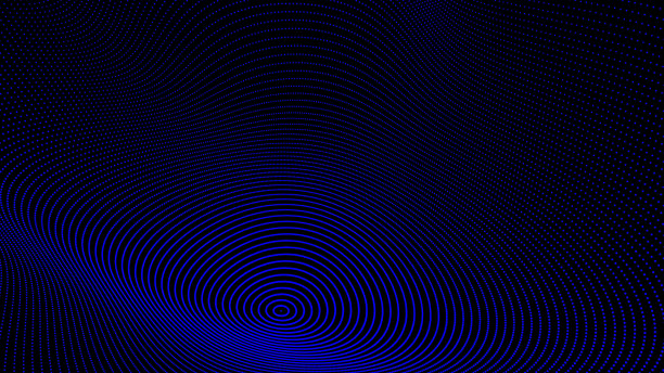 三维波浪技术抽象背景。数码蓝色霓虹线点和粒子网在黑色空表面。大数据、声音、计算机的概念。图片下载