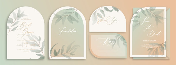 豪华拱门婚礼邀请卡背景与绿色水彩植物叶片。抽象花卉艺术背景矢量设计婚礼和vip封面模板。图片下载