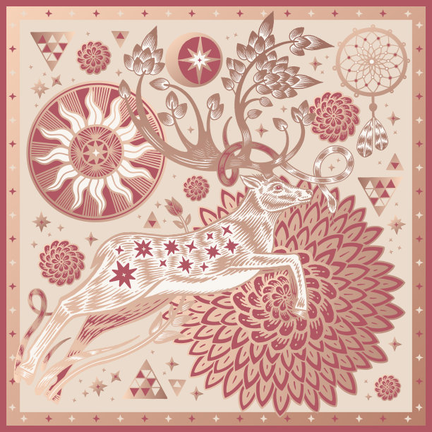 围巾和枕头的图案。幻想森林里长着鹿角的鹿。向量。图片下载