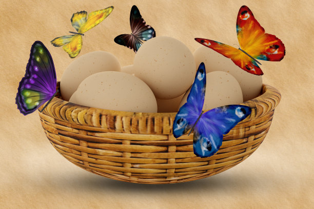 鸡蛋,鸡蛋篮子里。春天，蛋和蝴蝶。复活节- 3D插图图片下载