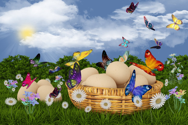 一篮子鸡蛋，草坪和鲜花。春天，夏天，复活节- 3D插图图片下载