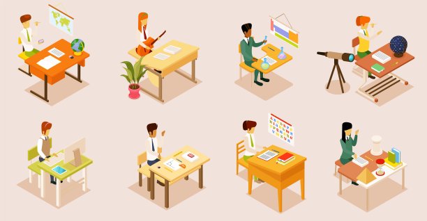 孩子们坐在不同的课桌上图片下载