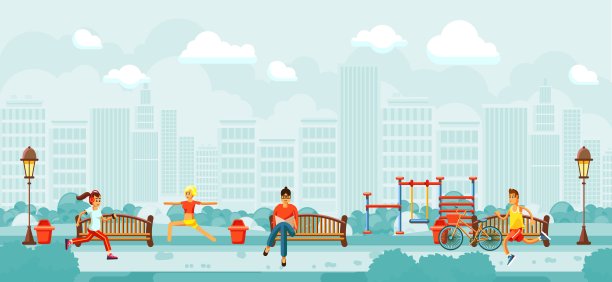 早上在城市公园和人们一起休息和锻炼图片下载