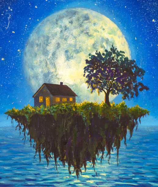 房子和树在一个飞行的岛屿在夜间海上在大月亮的背景绘画幻想艺术图片下载