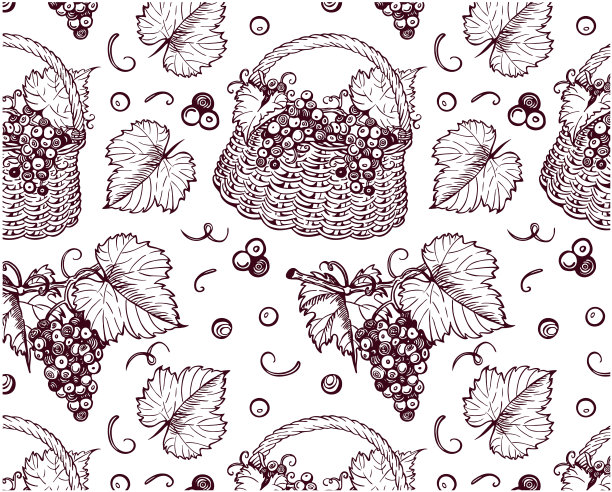 一串串葡萄的素描图案与叶子在篮子孤立在白色背景上。图片下载