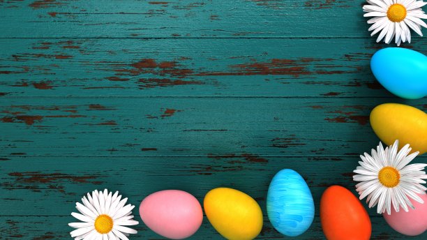 餐桌上的复活节彩蛋雏菊花图片下载