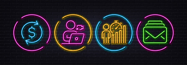 美元交换，视频会议和业务统计最小的线图标。对于web应用，打印矢量图片下载