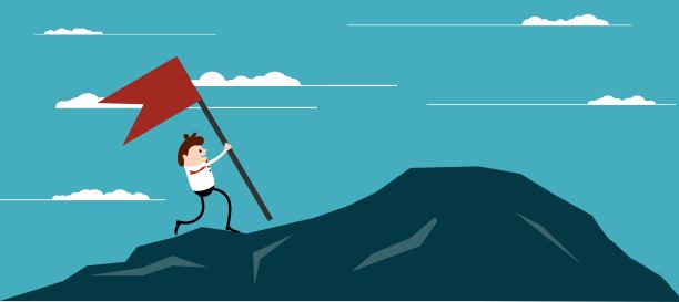 快乐的商人扛着旗子登上山顶图片下载