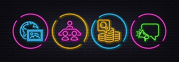 面试工作，网络照片和检查最小的线条图标。对于web应用，打印。氖激光3d灯。向量图片下载