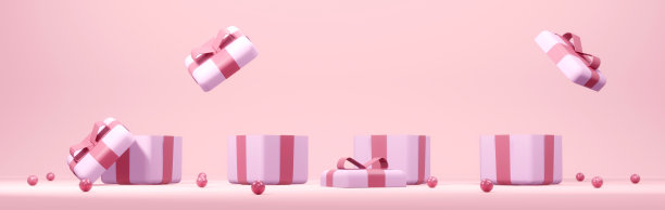粉红色主题打开的礼品盒水平全景场景的3D渲染概念。3 d渲染。图片下载