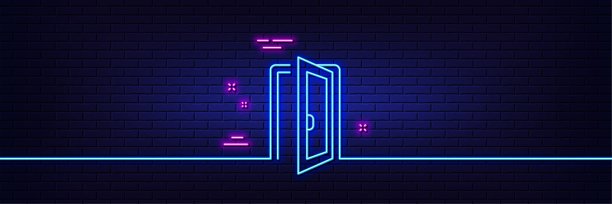 打开门线图标。入口门的迹象。霓虹灯辉光效果。向量图片下载