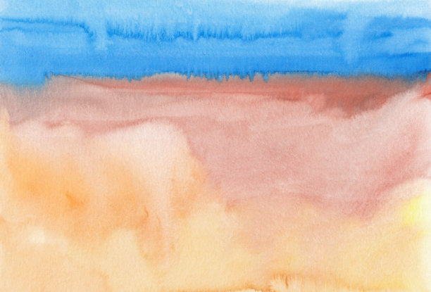 水彩蓝色，棕色和黄色的背景纹理。抽象的水彩风景。纸上的污渍，手绘的。图片下载