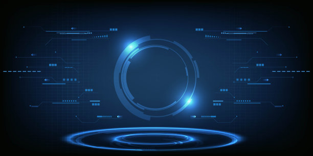 未来数字现代技术与蓝色霓虹灯数字元素和底座高科技展示。图片下载