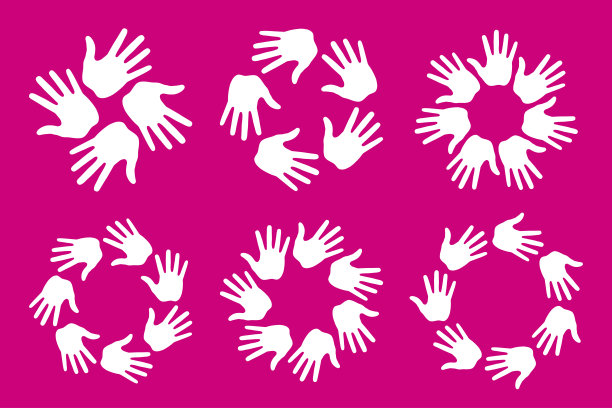 白色套手印圆圈图标。手印象征。手圆形徽章。矢量标志图片下载