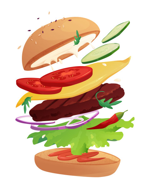美味的飞行汉堡，辣椒，番茄，奶酪，黄瓜，肉，洋葱，番茄酱和沙拉。与芝麻包。卡通矢量插图。图片下载