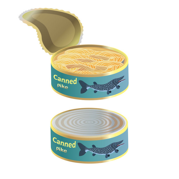 梭子鱼罐头。上面画着长矛的罐头食品。圆的铁罐子。打开和关闭的盖子。向量集。图片下载