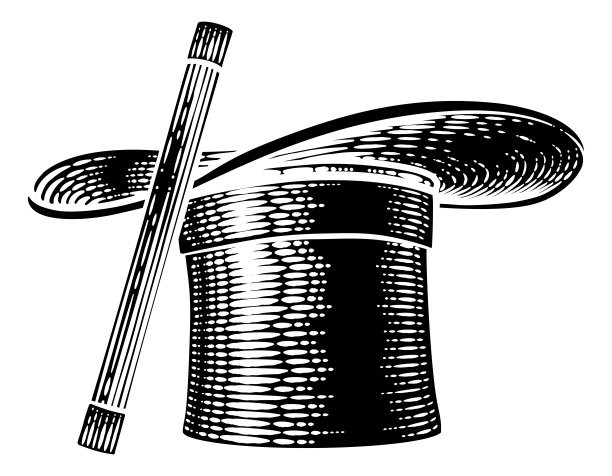 魔术棒和魔术师礼帽木刻画图片下载