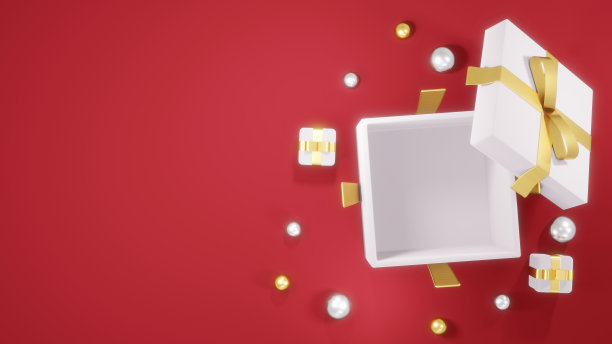 用于商业设计的红色金色主题，打开的礼品盒顶部视图的3D渲染概念，展示内部空间与小礼物和周围的几何元素。3 d渲染。图片下载