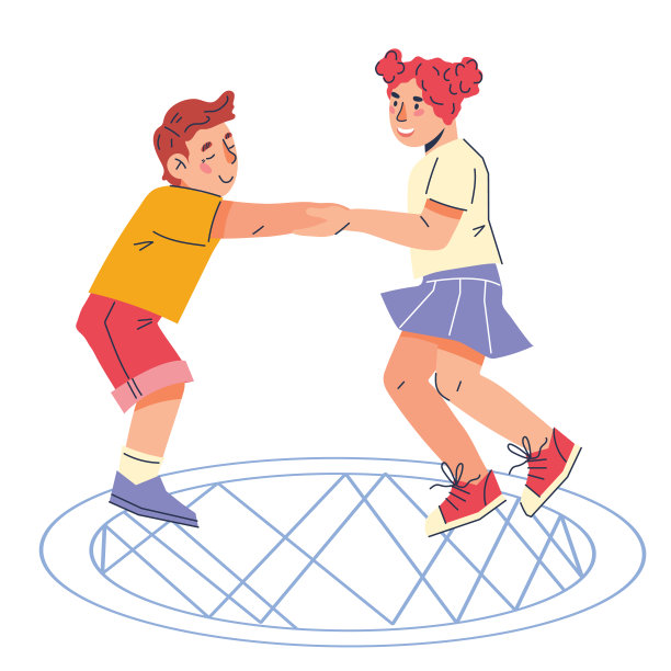 欢快的孩子们手牵着手在蹦床上蹦蹦跳跳，平矢量孤立。图片下载