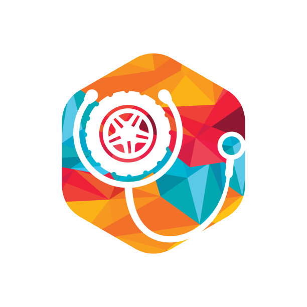 汽车支持和护理标志概念。轮胎和听诊器图标标志设计。图片下载