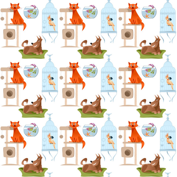 宠物。猫在活动树屋，狗在狗床上，鱼在玻璃碗，鹦鹉在大笼子里。无缝的背景图案。图片下载