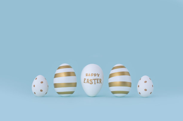 五个不同的复活节彩蛋，白色和金色的，蓝色的。图片下载