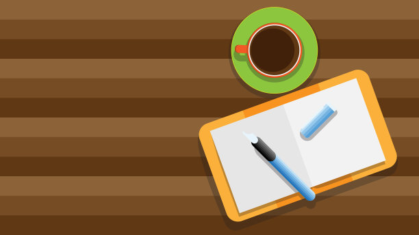 木桌的俯视图与开放空白笔记本，钢笔和咖啡杯。图片下载