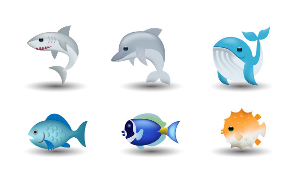 蓝鱼，海豚，鲨鱼，鲸鱼，河豚鱼，外科医生鱼矢量表情符号插图图片下载