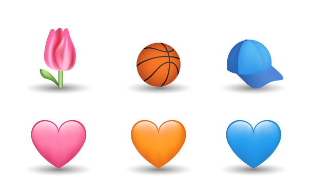 蓝色，粉色和橙色心形，篮球，帽子，郁金香矢量表情符号插图图片下载