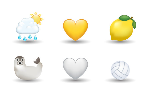 印章，云与太阳和雨滴，黄色和白色的心，柠檬，排球矢量表情符号插图图片下载