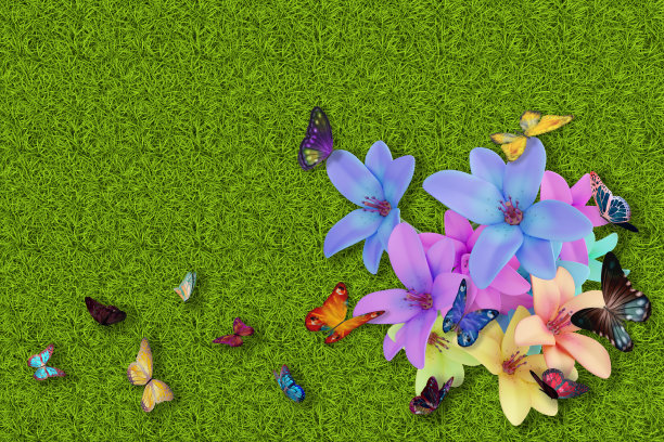 春天夏天。绿色草地花和蝴蝶- 3D插图图片下载