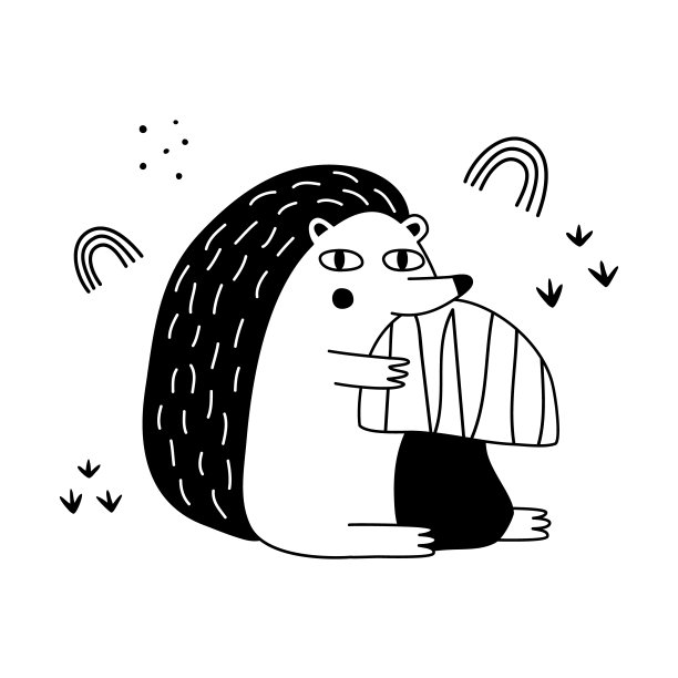 有趣的刺猬海报与抽象形状在手绘风格。手绘轮廓。适合t恤，服装，卡片，海报，幼儿园装饰。孤立在白色背景向量插图图片下载