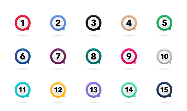 标记点，信息标记。彩色标记，数字从1到15。标记设置在白色背景。矢量插图。图片下载