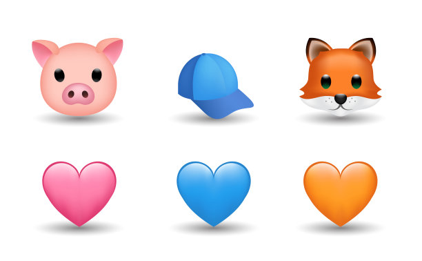 蓝色，粉色和橙色的心，狐狸，蓝色的夏天帽子，猪矢量表情符号插图图片下载
